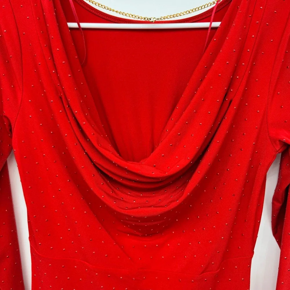 Michael Kors Long Sleeve Studded Drape‎ Back Bodycon Mini Dress Womens XS Red